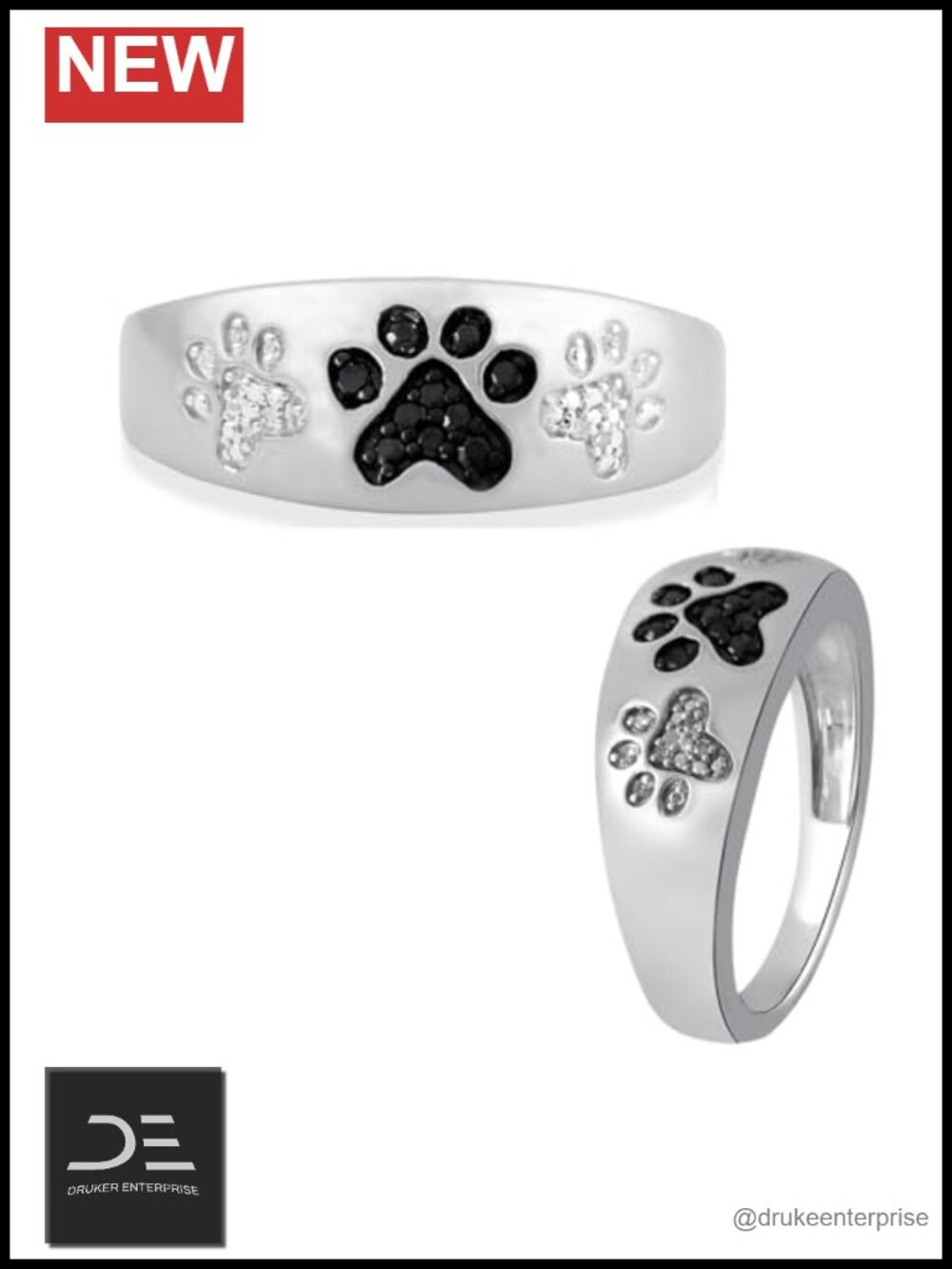 Sterling Silver Black White Diamond Paw Print Ring Statement Band